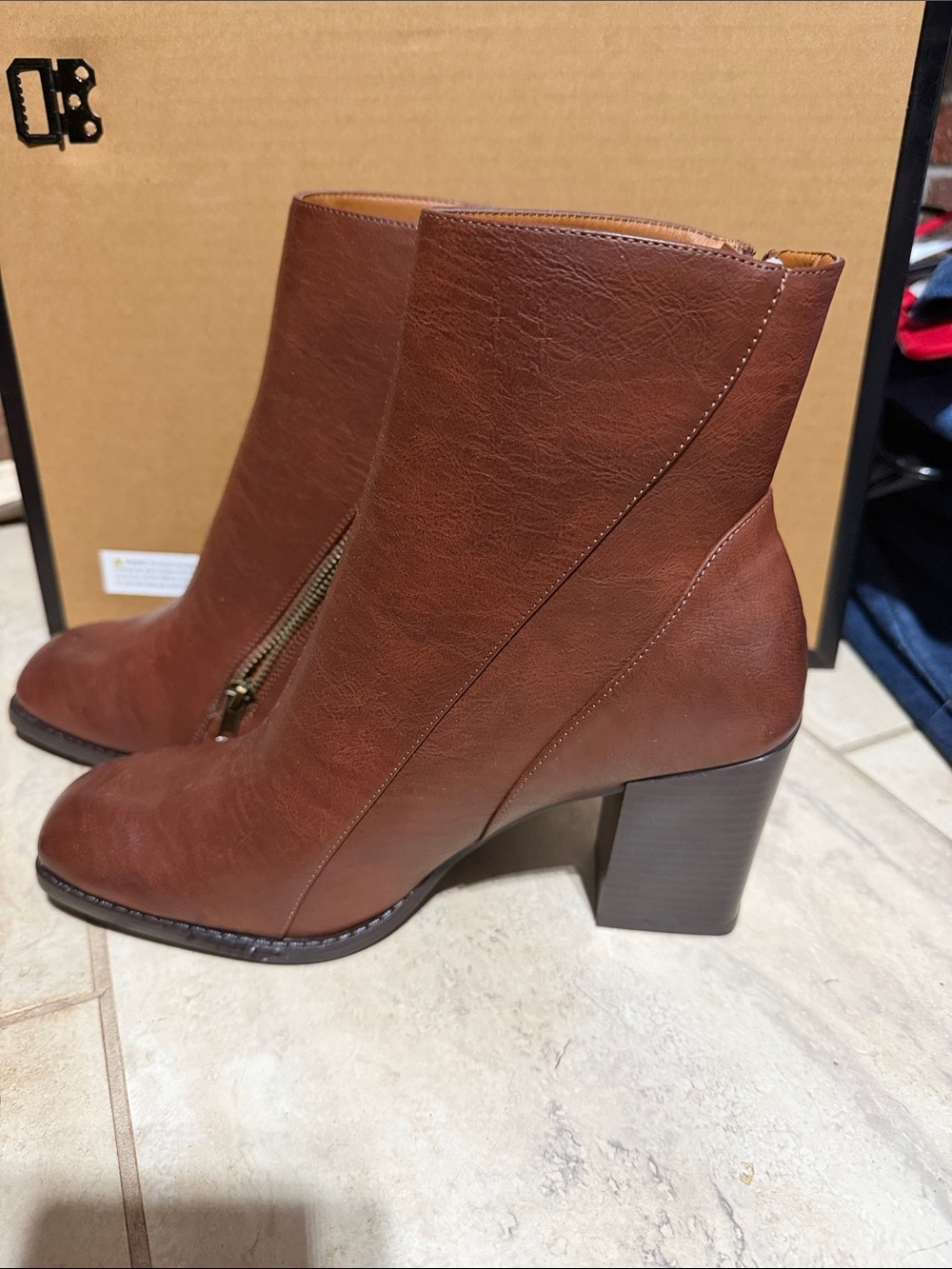 Pierre Dumas Chestnut Brown Side-Zip Block Heel Ankle Boots